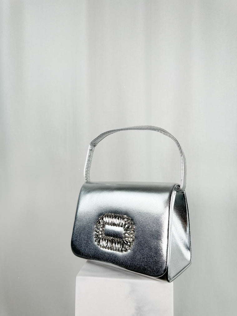 Top Handle Clutch Bag with Stone Detail - Silver