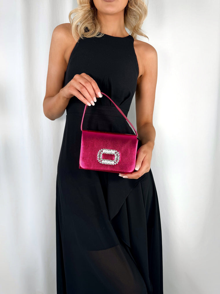 Top Handle Clutch Bag with Stone Detail - Fuchsia