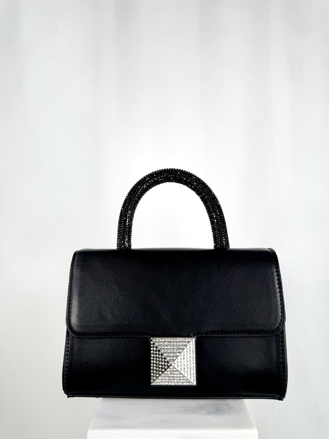 Top Handle Bag with Silver Diamond Buckle - Black