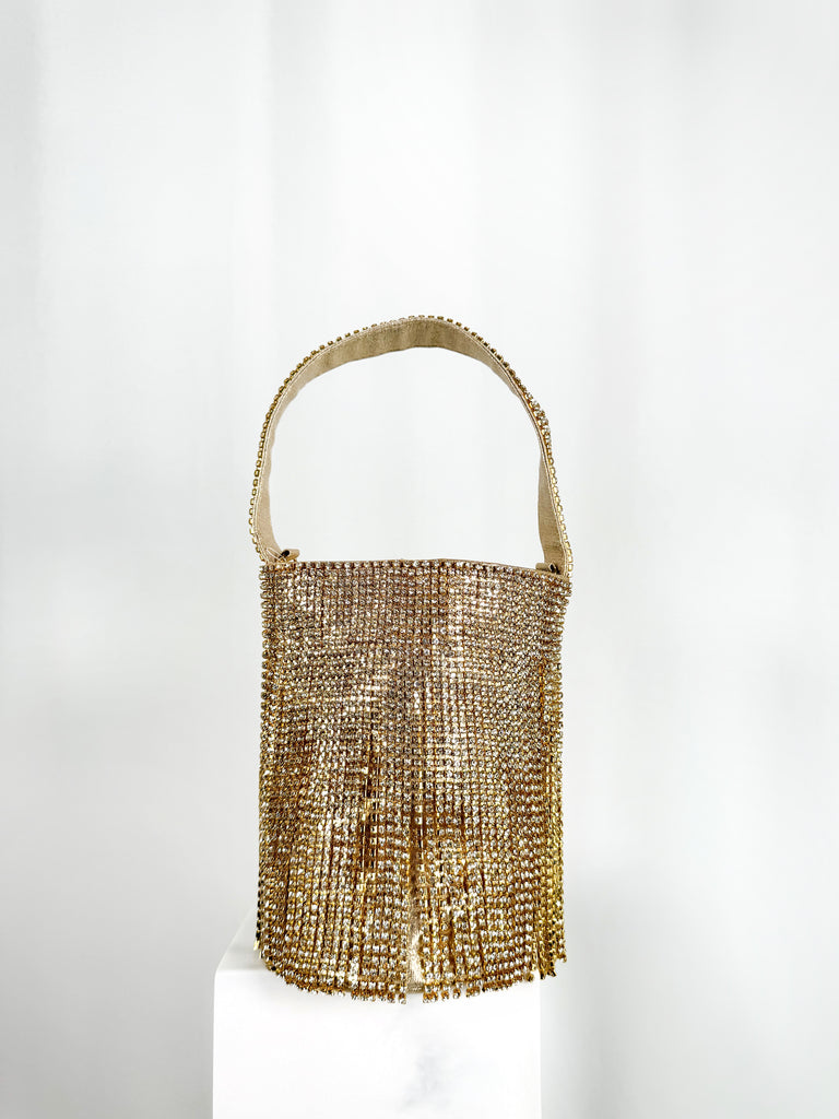 Fringe Top Handle Bag with Small Stones - Gold