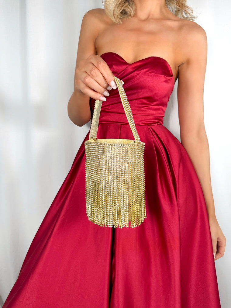 Fringe Top Handle Bag with Small Stones - Gold