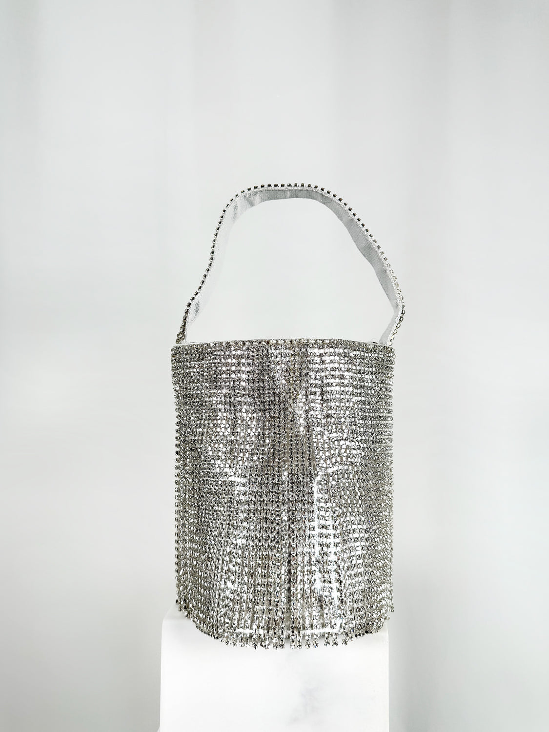Fringe Top Handle Bag with Small Stones - Silver