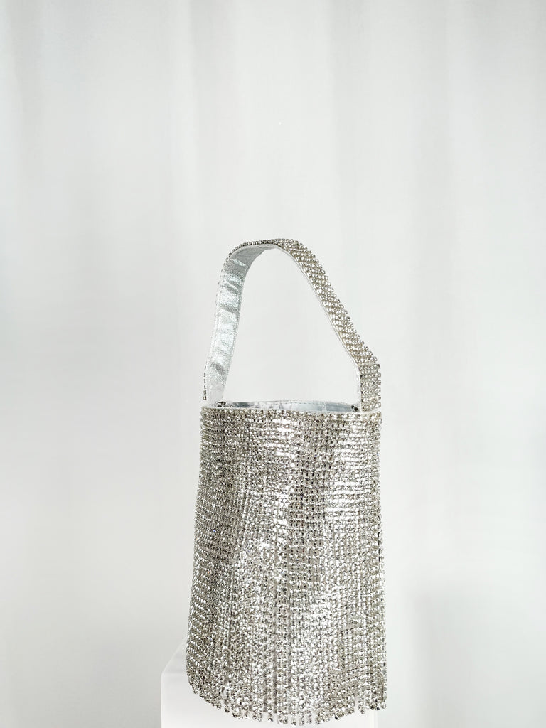 Fringe Top Handle Bag with Small Stones - Silver