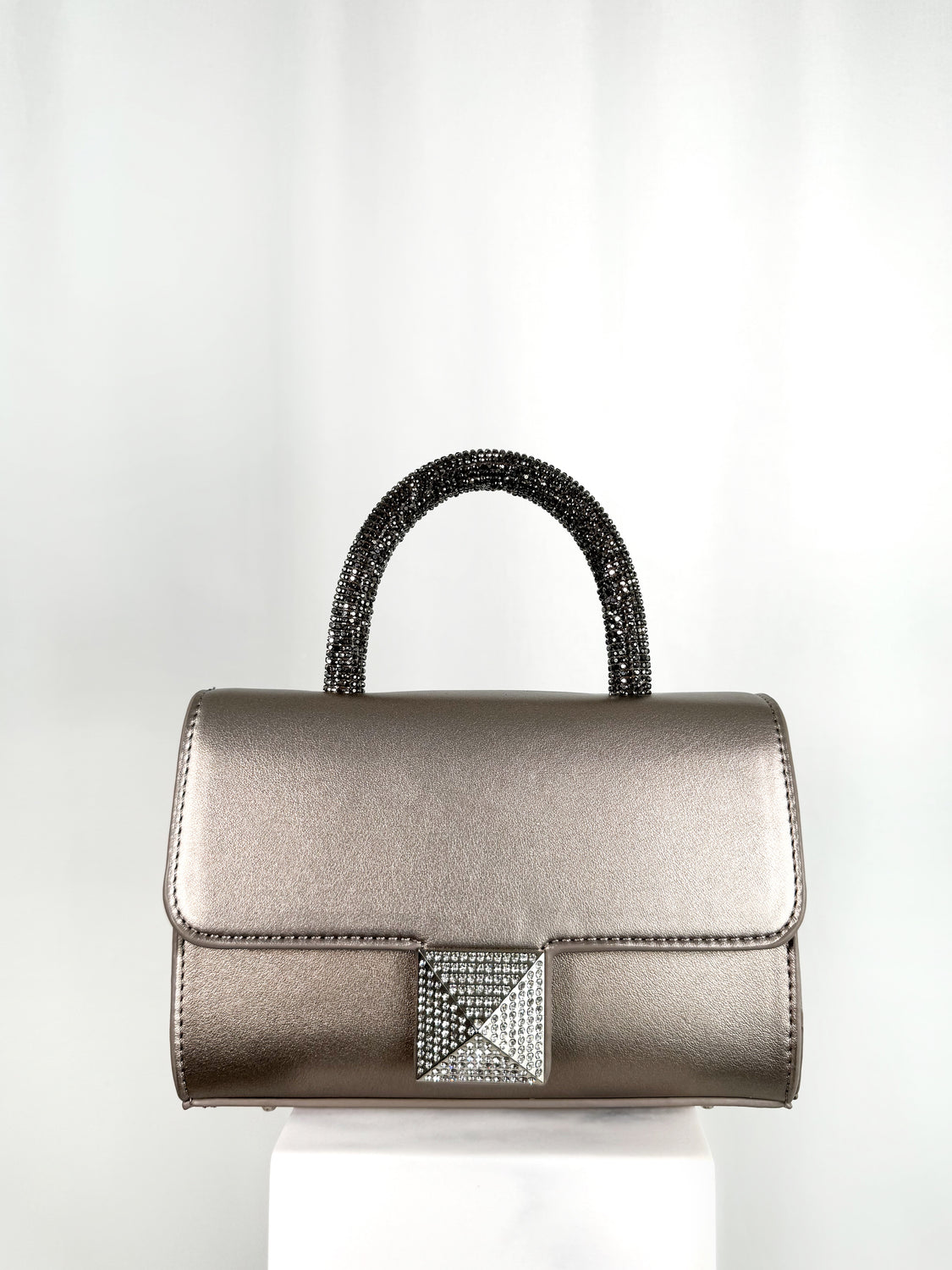 Top Handle Bag with Silver Diamond Buckle - Dark Silver