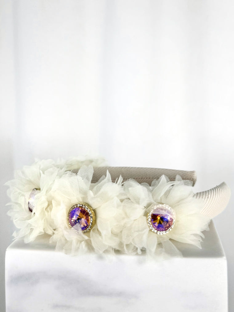 White Headband with Tulle Flowers and Lilac Stones - Handmade