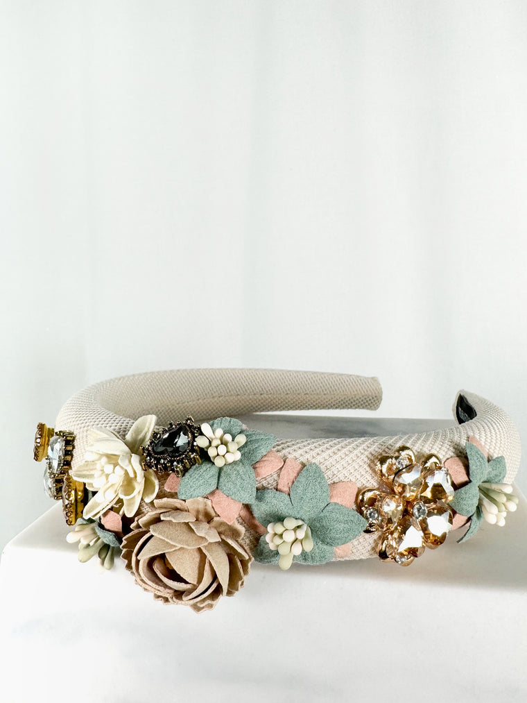 Beige Headband with Flowers and Shaped Stones - Handmade