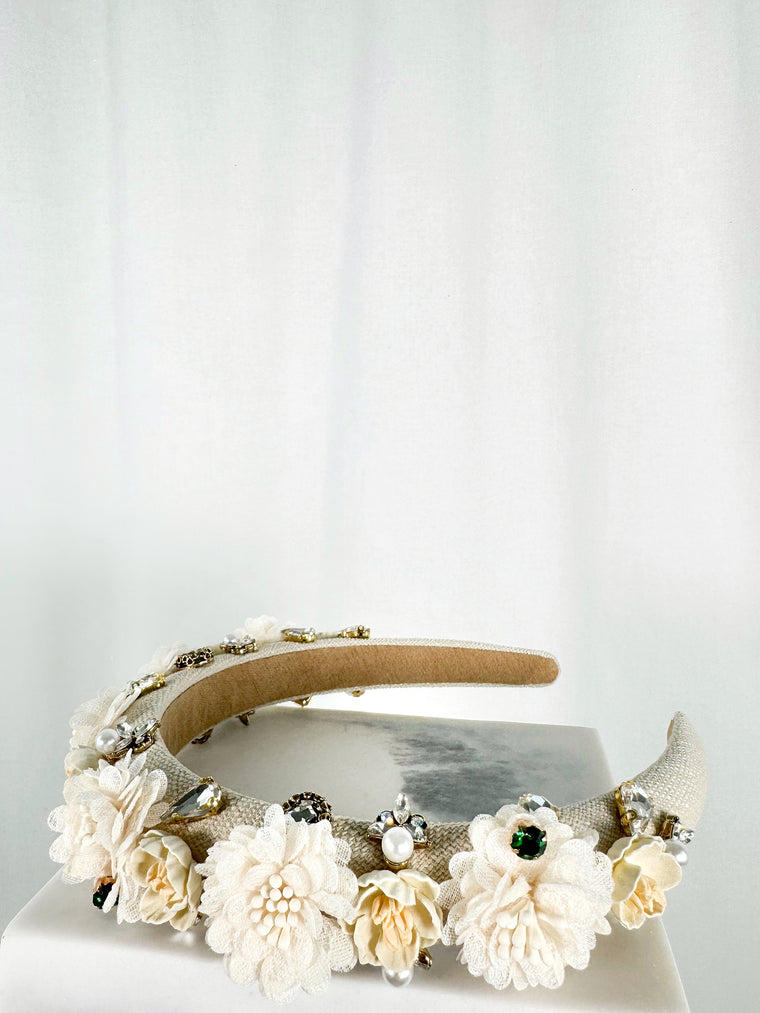 Beige Headband with Flowers and Shaped Stones - Handmade