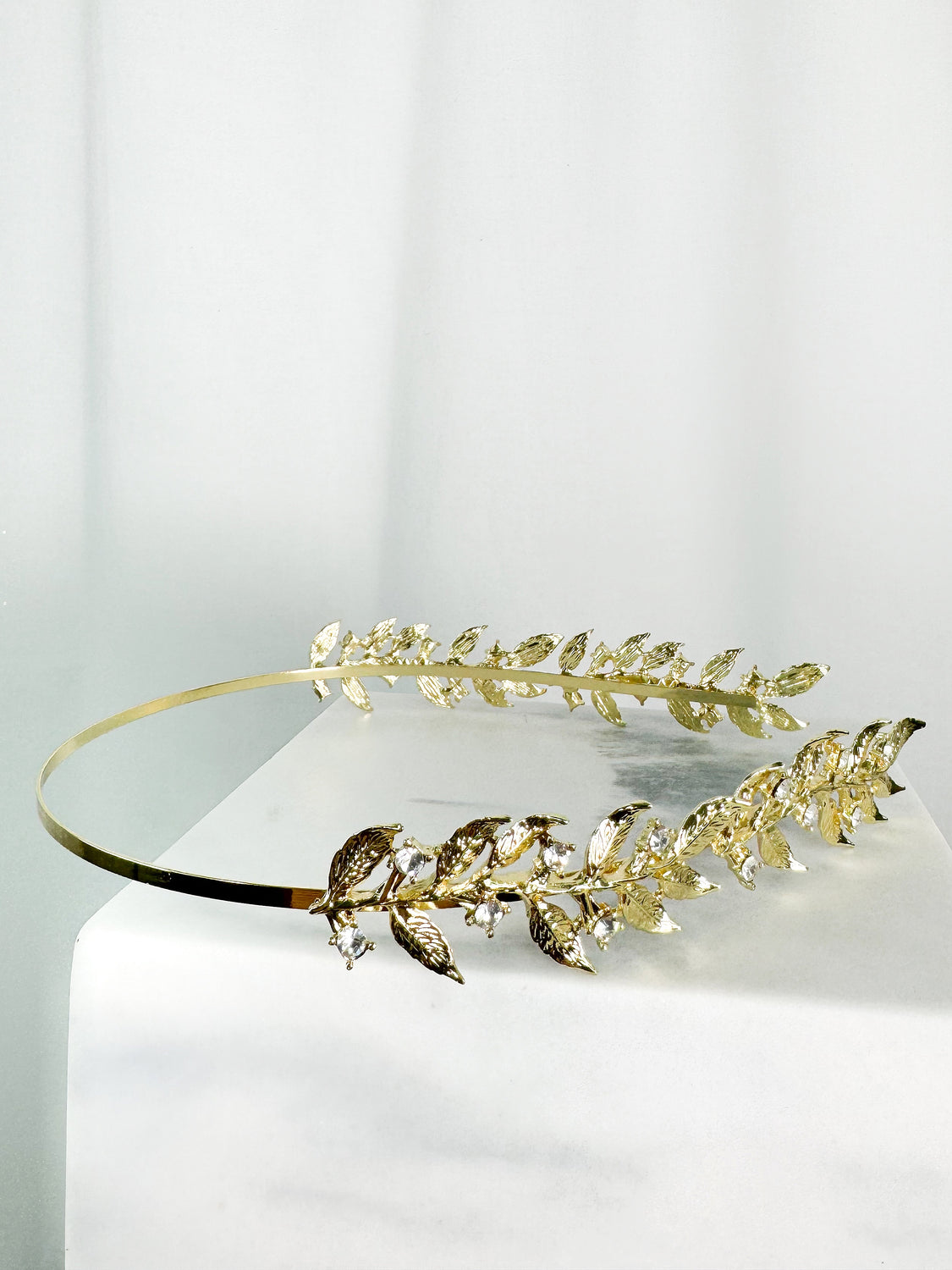 Gold Headband with Side Leaves and Stones