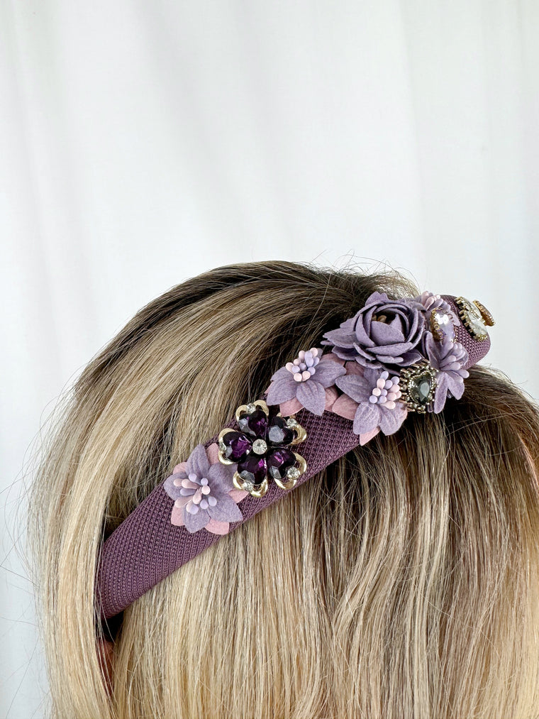 Purple Headband with Flowers and Shaped Stones - Handmade
