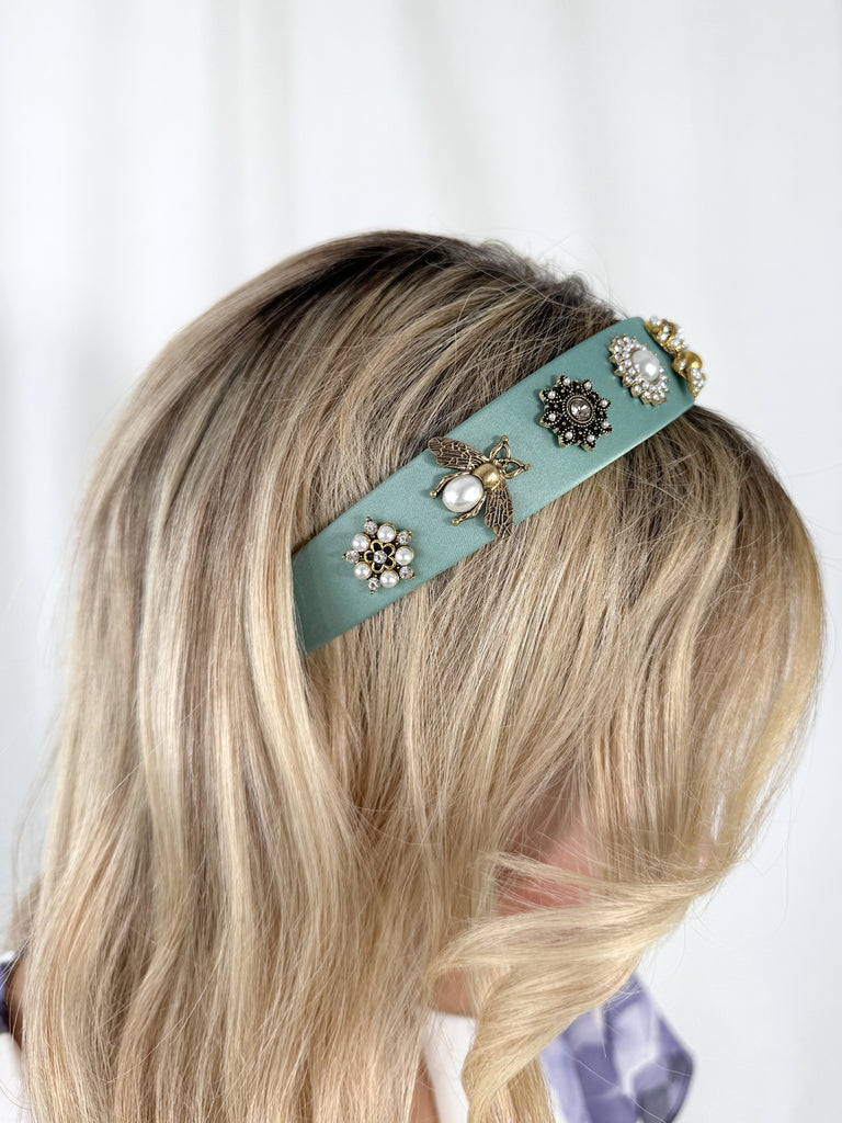 Sage Green Headband with Stones and Gold Bee