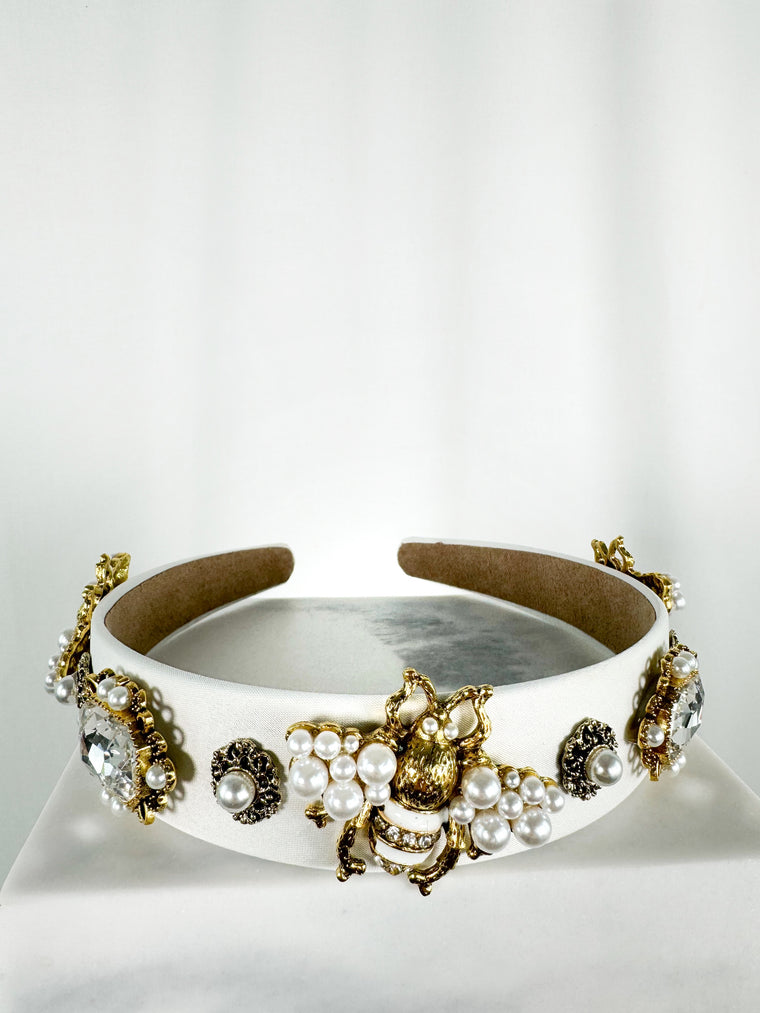 White Headband with Stones and Gold Bee