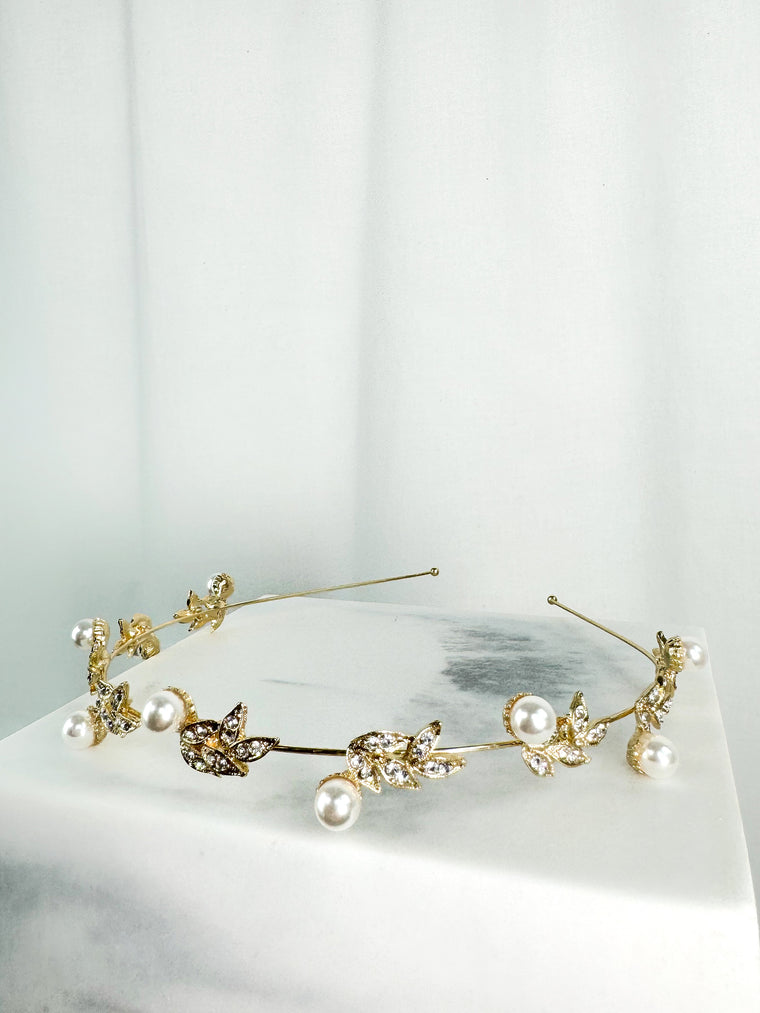 Gold Headband with Pearls and Small Leaves with Stones