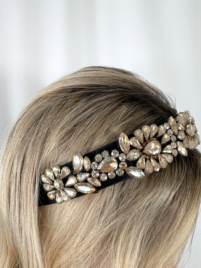 Black Headband with Gold Stones - Flower Shape - Handmade