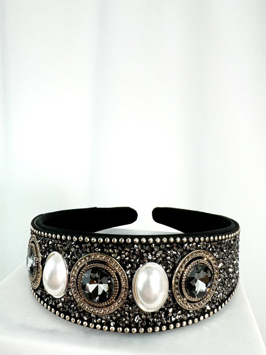 Black Large Headband with Black Stones and Pearls