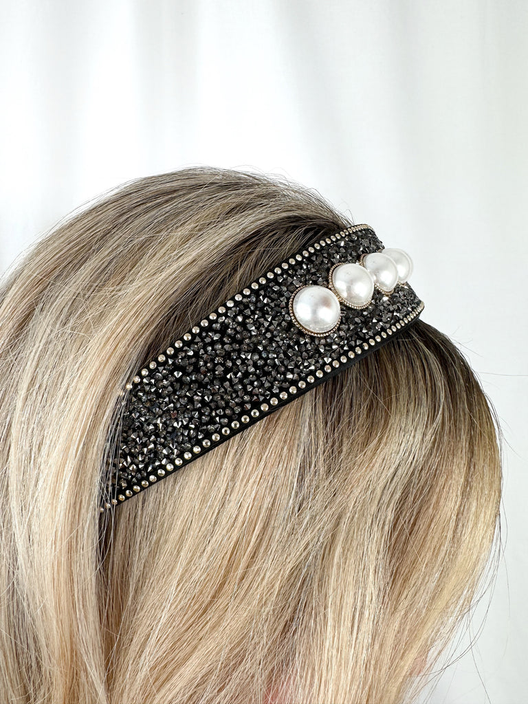 Black Large Headband with Small Stones and Bir Pearls