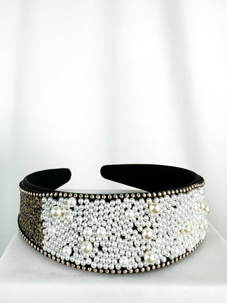 Black Large Headband with Small and Medium Pearls