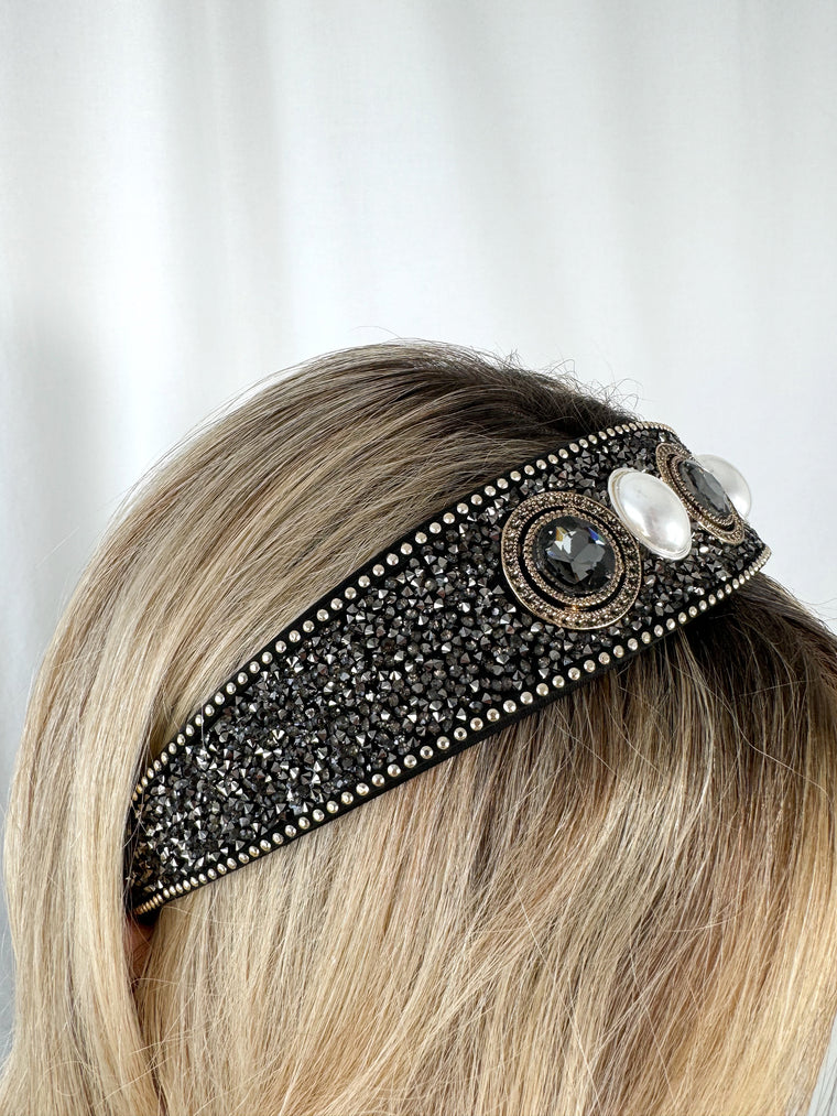 Black Large Headband with Black Stones and Pearls