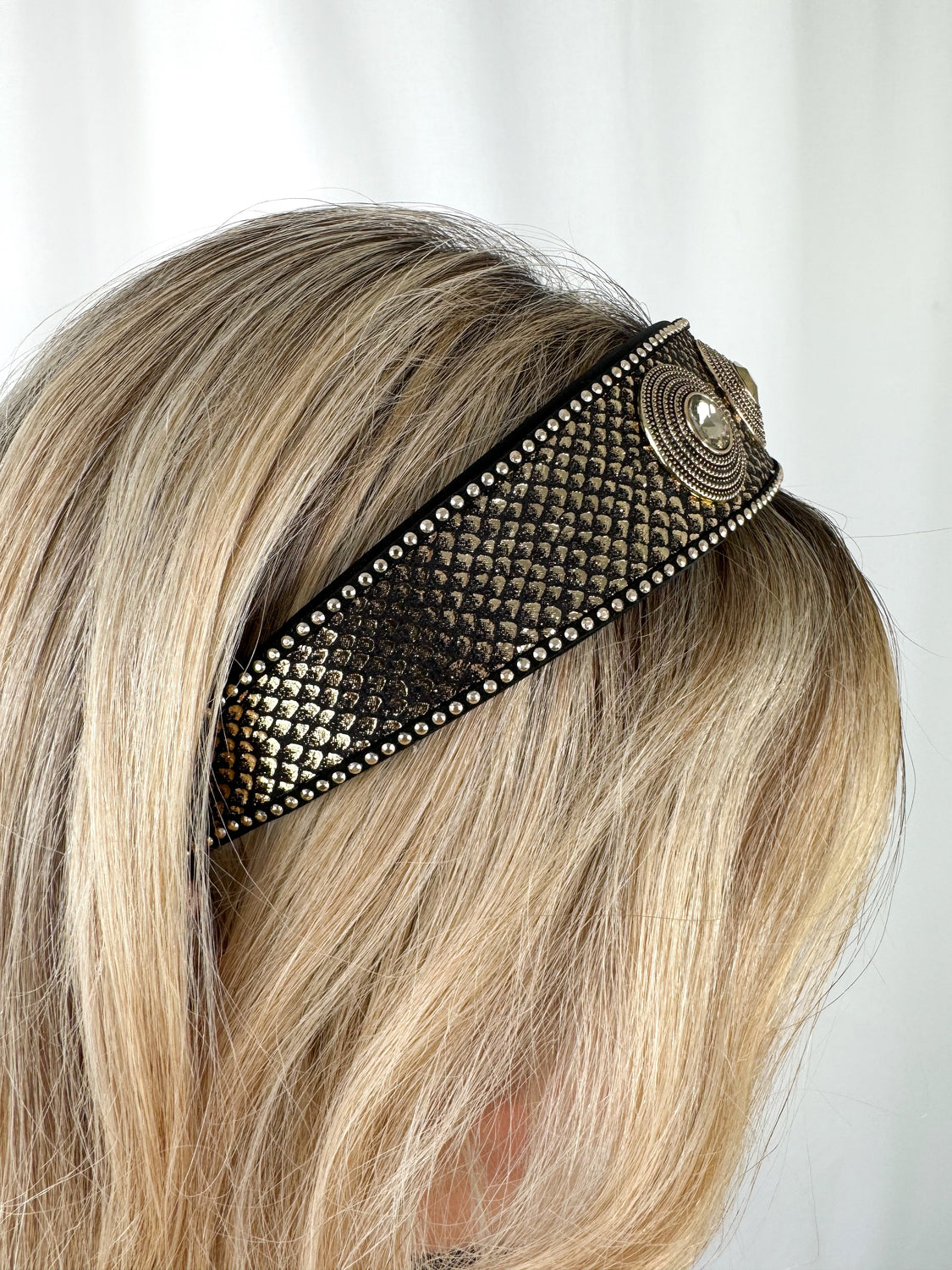 Black Large Headband with Gold Stones