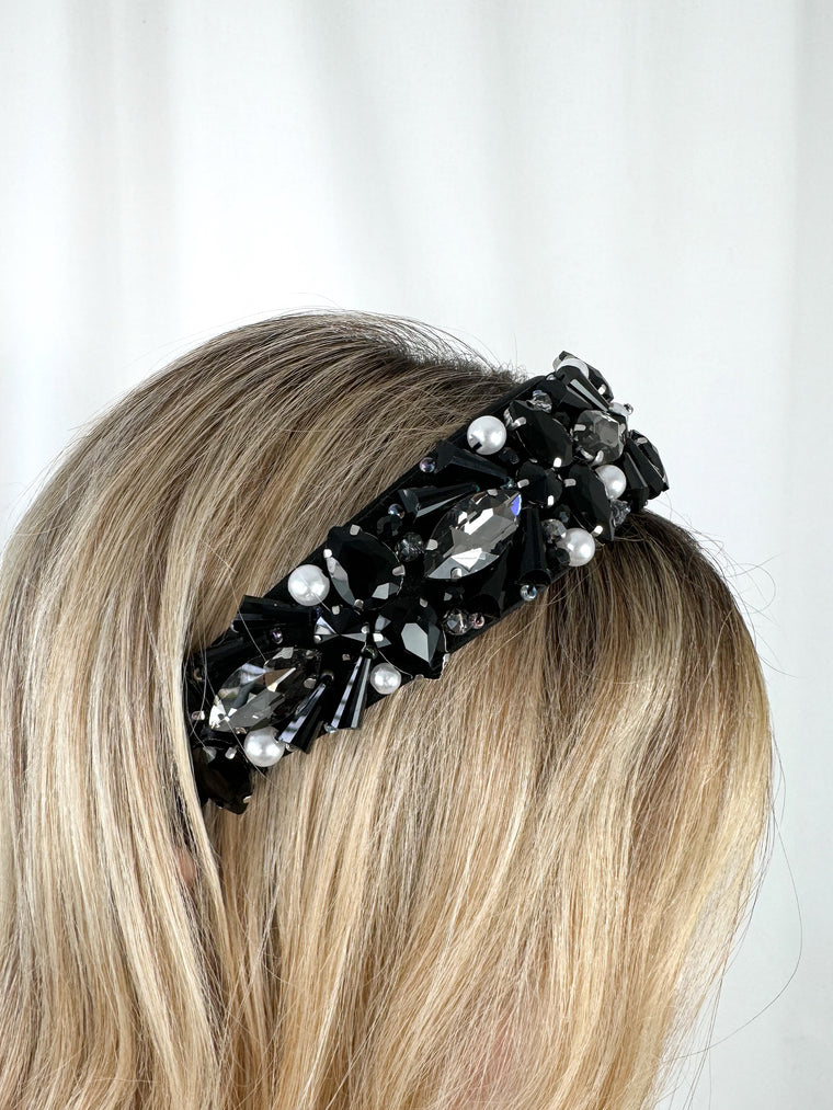 Black Large Headband with Black and White Stones