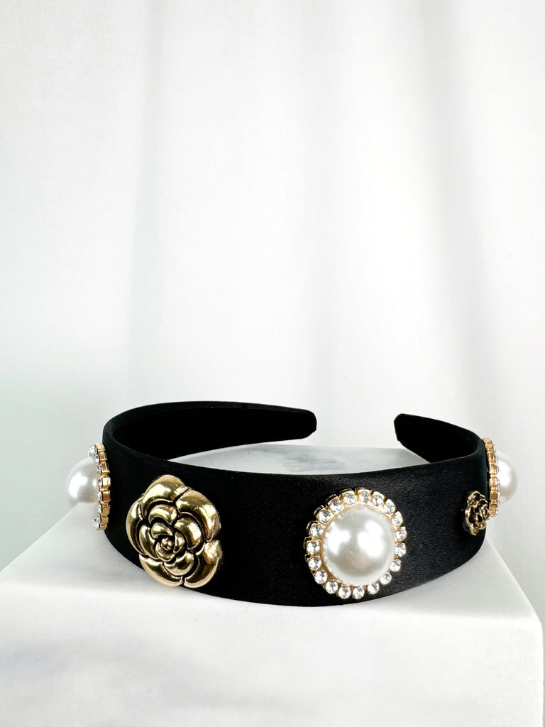 Black Headband with Gold Flowers and Pearls