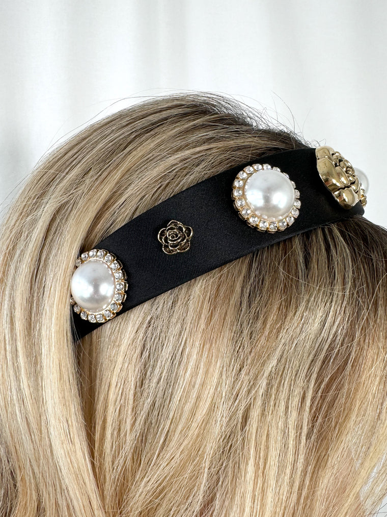 Black Headband with Gold Flowers and Pearls