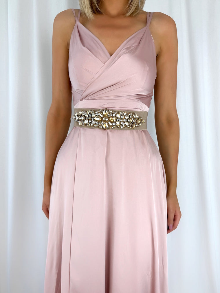 Nude Elastic Waist Wide Belt with Floral Gold Stones