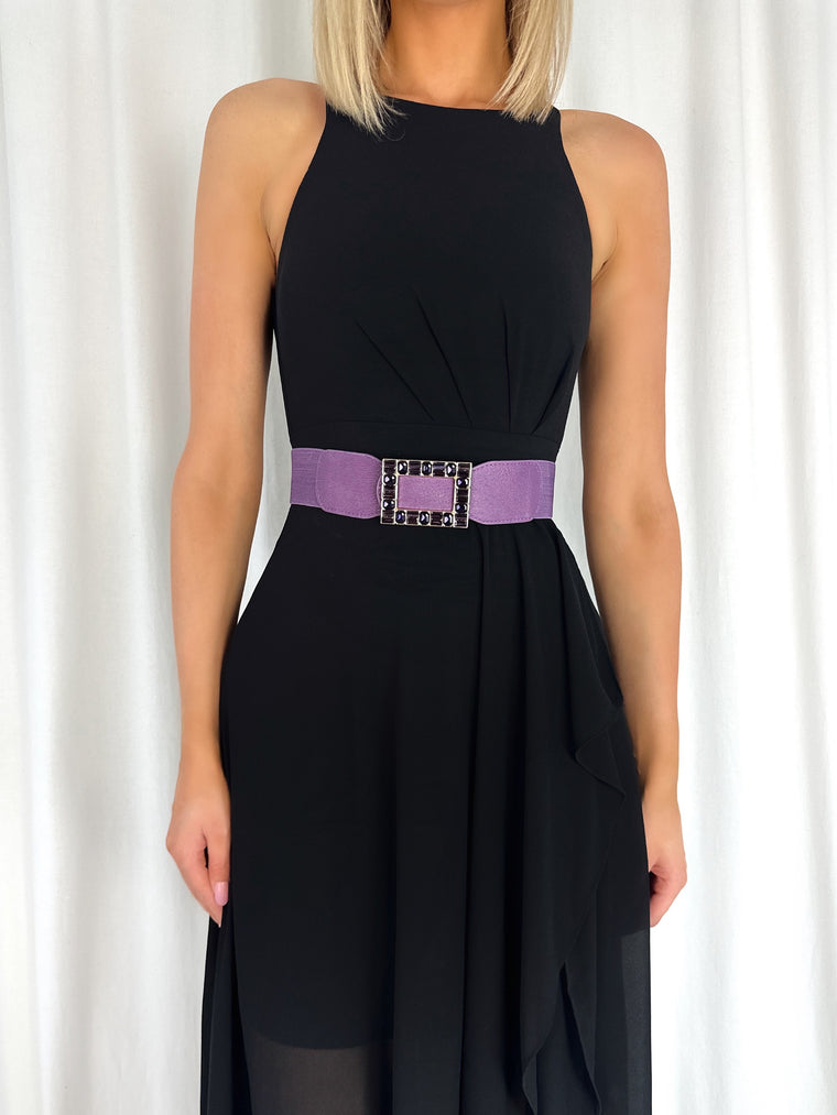 Anne Elastic Waist Belt with Square Buckle with Stones - Purple