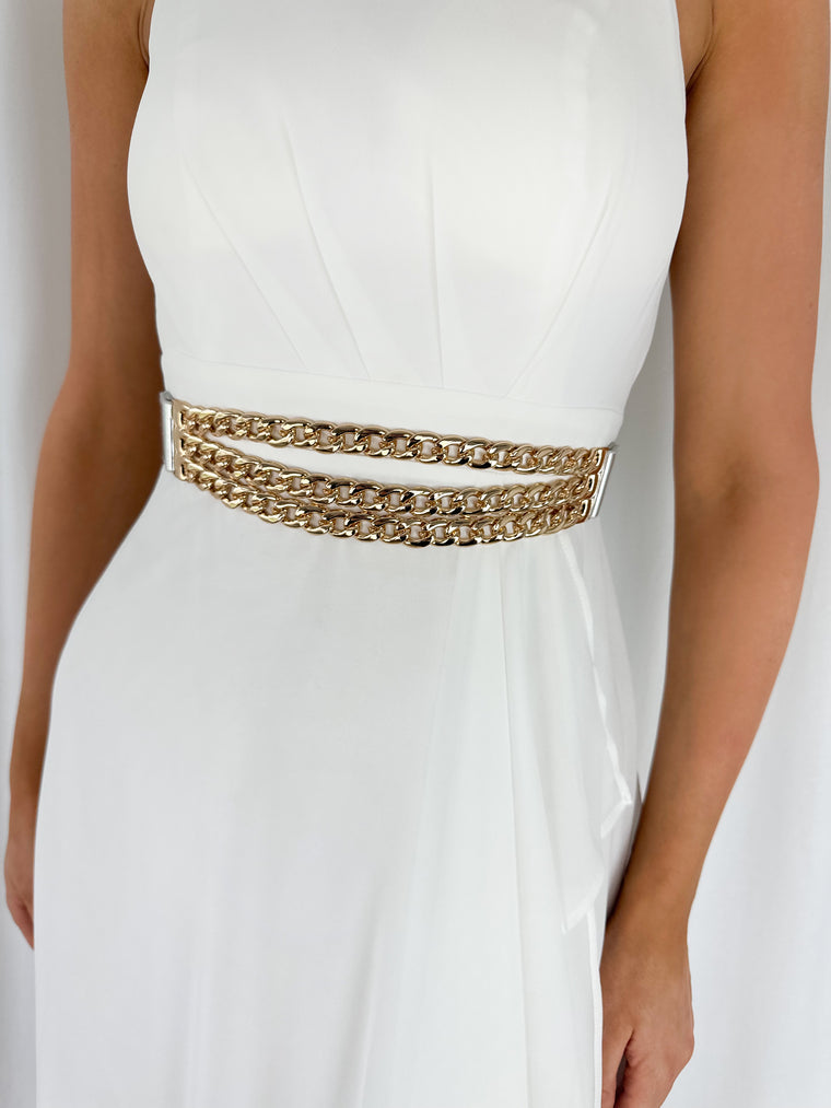 Silver Elastic Waist Belt with Gold Chains