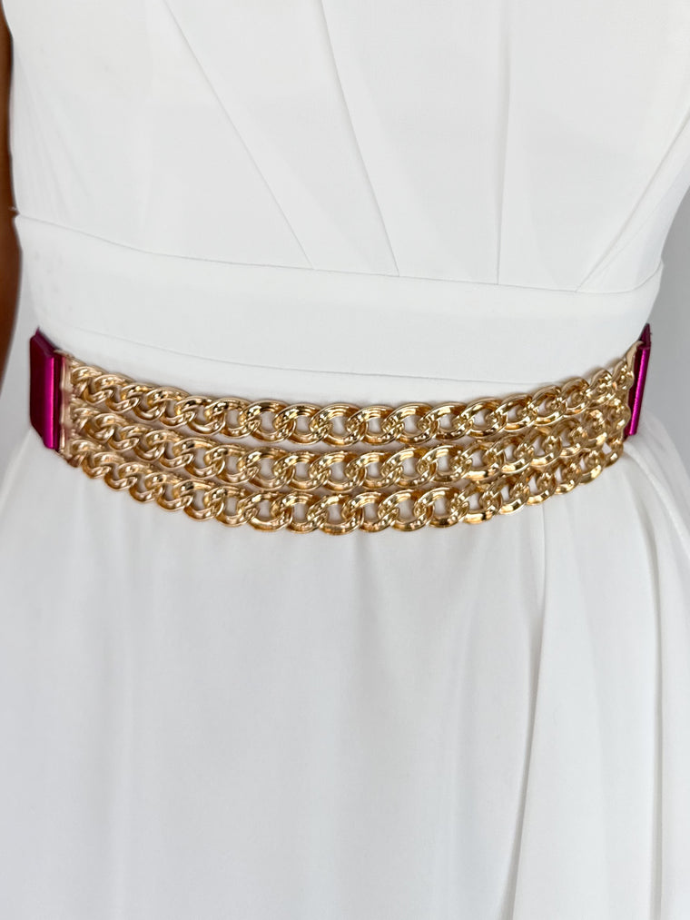 Fuchsia Elastic Waist Belt with Gold Chains