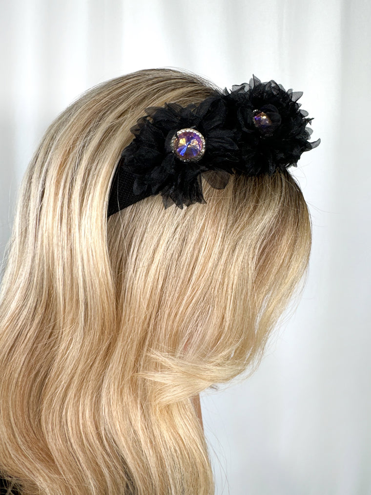 Black Headband with Tulle Flowers and Lilac Stones - Handmade