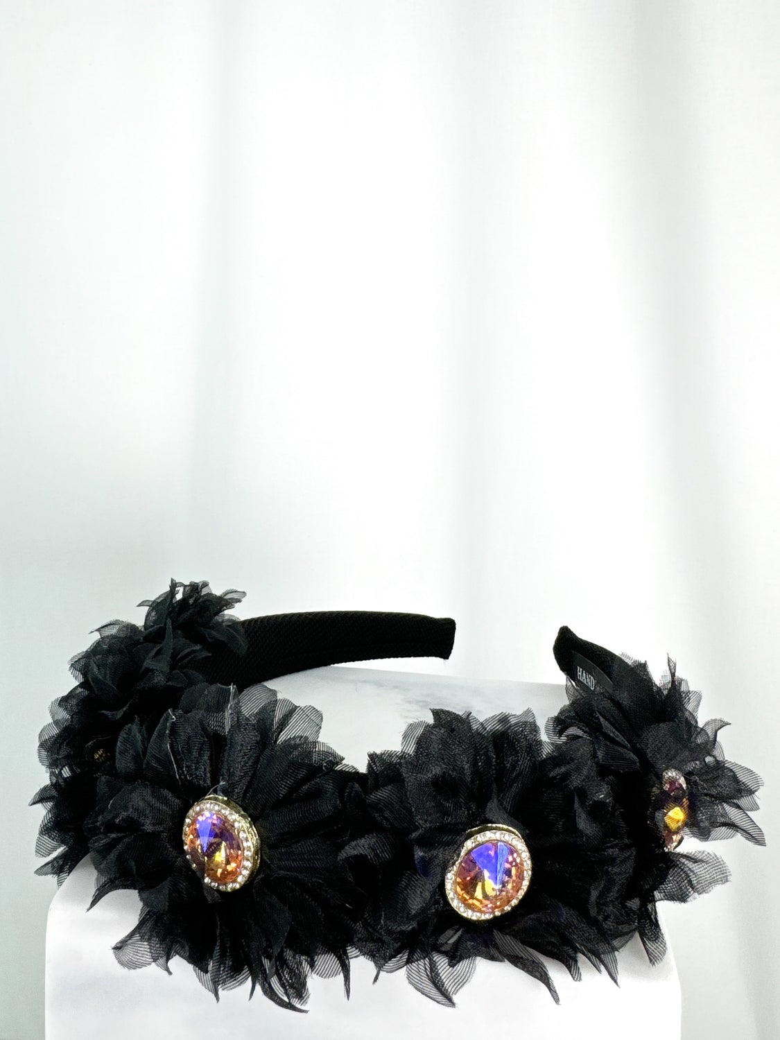 Black Headband with Tulle Flowers and Lilac Stones - Handmade
