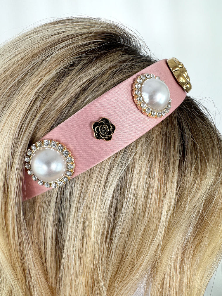 Pink Headband with Gold Flowers and Pearls