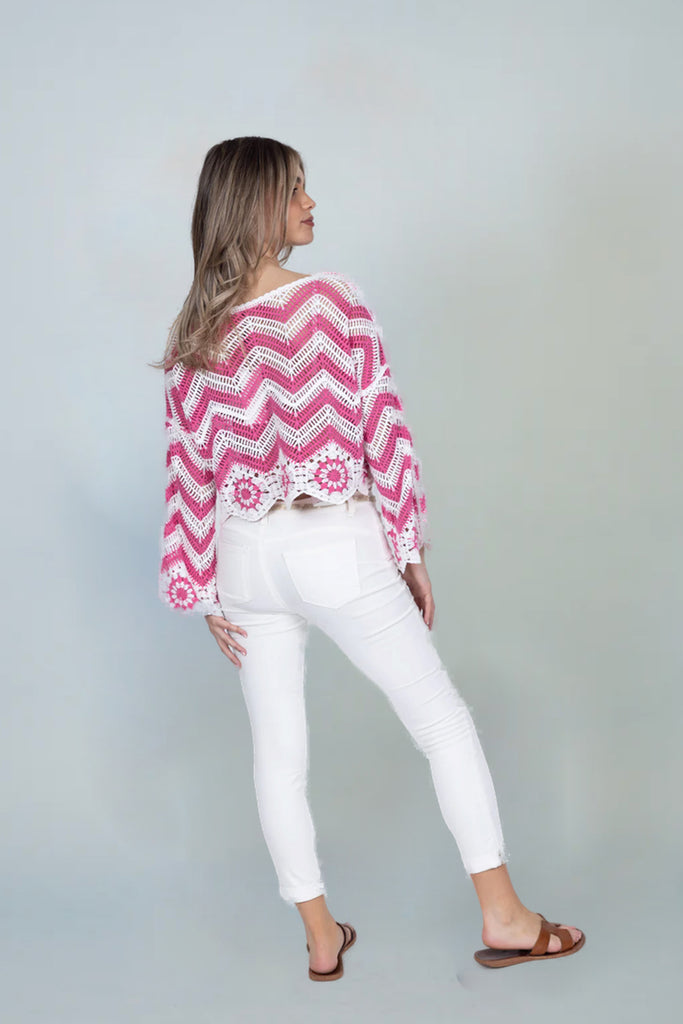Linda Crochet Crop Top - Pink and White